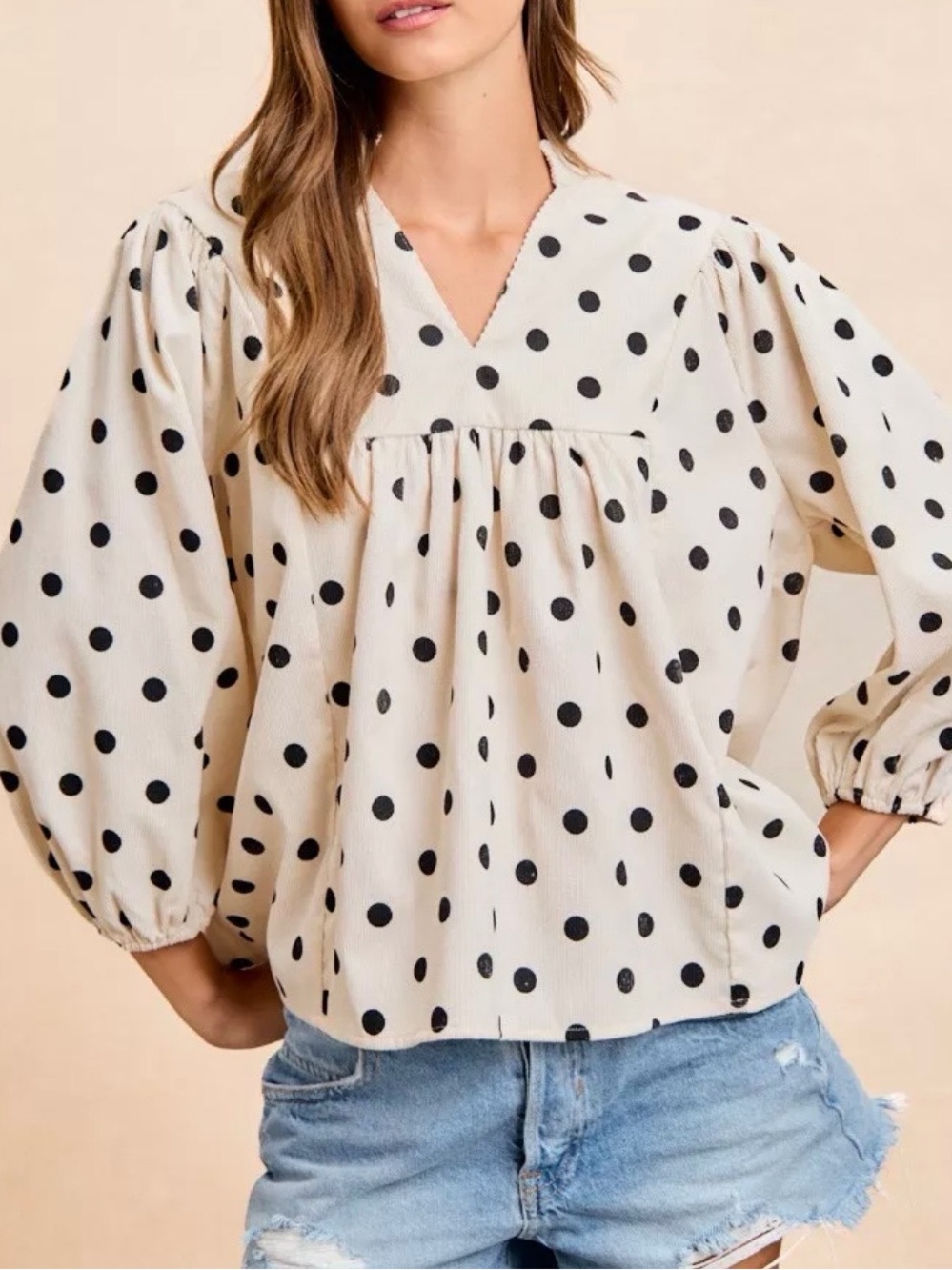 BiBi Cream Polka Dot Corduroy V-Neck Balloon Sleeve Blouse